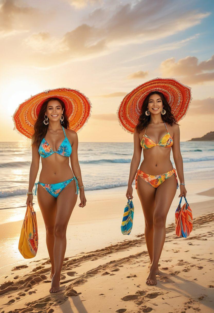A vibrant beach scene featuring diverse women showcasing the latest swimwear trends, adorned with stylish accessories like wide-brimmed hats and colorful sarongs. The backdrop includes crystal clear turquoise waters, golden sand, and playful beach umbrellas. Emphasize bold patterns and bright colors in the swimwear, with confident poses capturing the joy of summer. Include a sunset in the background for a magical ambiance. bright colors. super-realistic. joyous atmosphere.