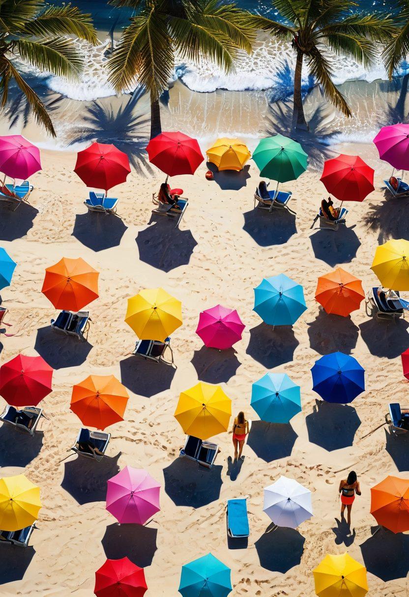 A vibrant beach scene showcasing a diverse array of swimwear styles, featuring sleek thongs and chic bikinis on colorful beach umbrellas. Lively sunbathers lounging on towels, crystal-clear waves in the background, and palm trees swaying in the gentle breeze. The atmosphere exudes summer fun and fashion. bright colors, summer vibes. super-realistic.